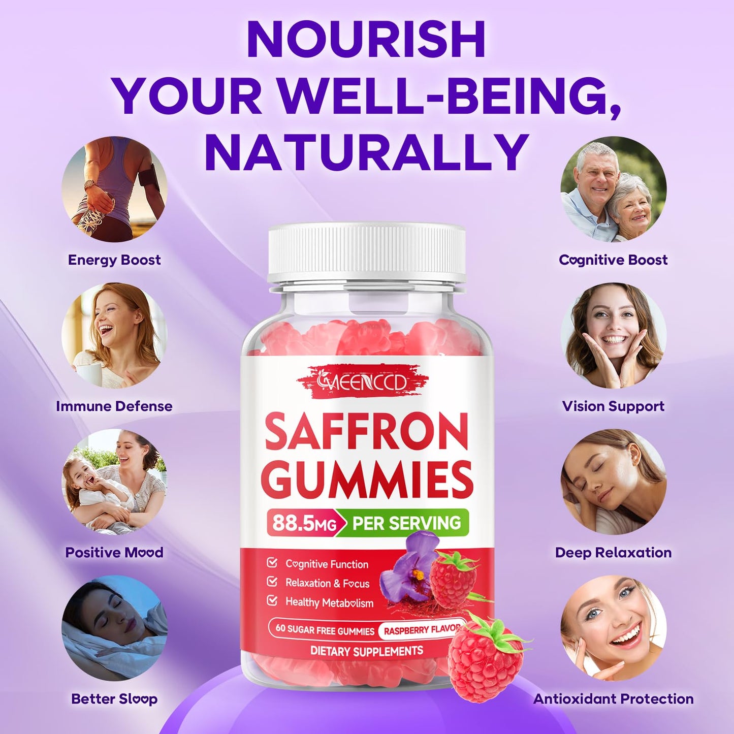 Saffron Gummies 60 Count - 10-in-1 Formula with Magnesium, L-Theanine, Rhodiola (Sugar-Free Raspberry)
