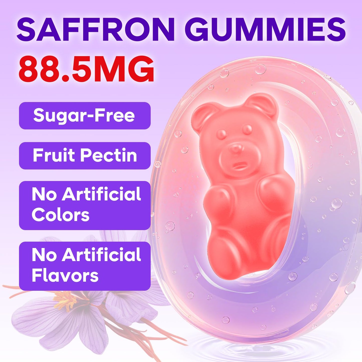 Saffron Gummies 60 Count - 10-in-1 Formula with Magnesium, L-Theanine, Rhodiola (Sugar-Free Raspberry)