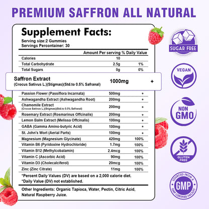 Saffron Gummies Sugar Free Mood Support – Raspberry Flavor (60 Count)