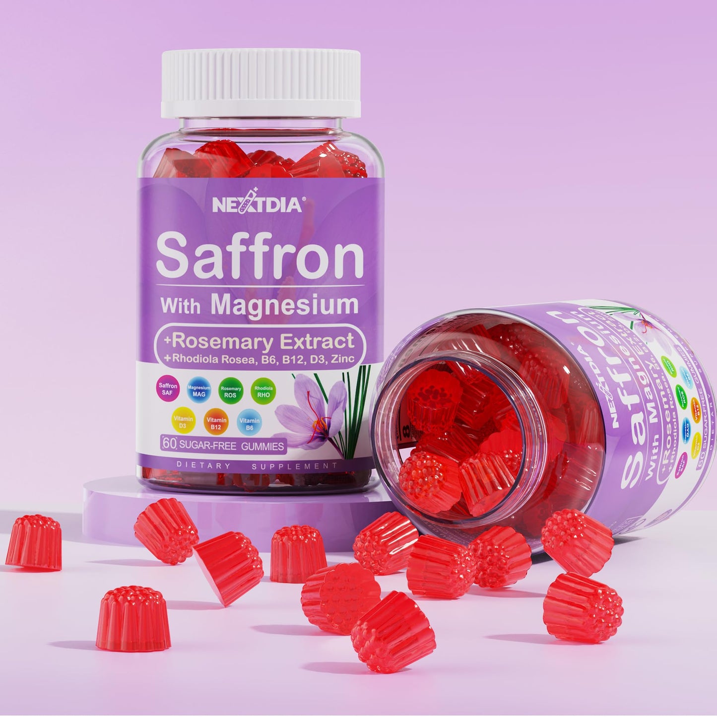 Nextdia Saffron Gummies – 4 Months, 2-Pack with Magnesium Glycinate & Rhodiola for Calm, Focus & Rest