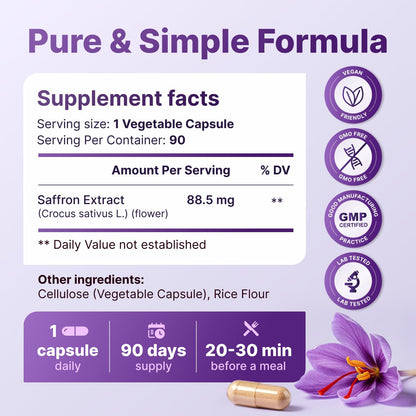 Saffron Supplements - 88.5 mg Pure Saffron Extract Capsules | Mood, Focus, Eye Health - Made in USA