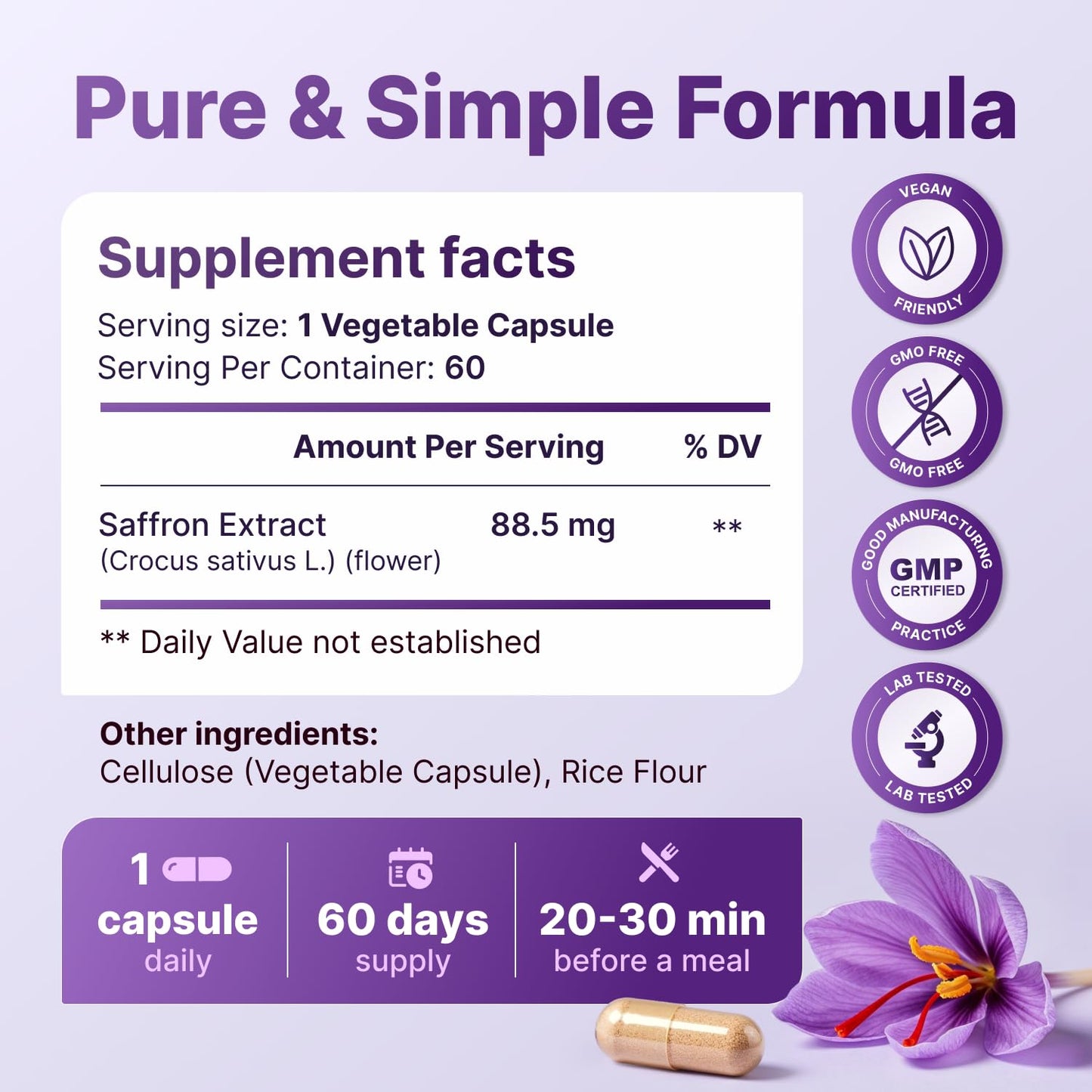 Pure Saffron Extract 88.5 mg - Mood, Focus & Vision Support | Made in USA | 60 Capsules