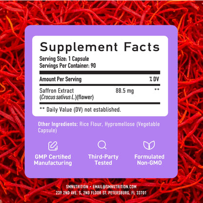Saffron Supplements 88.5mg – 3-Month Supply | Mood, Focus, Eye Health & Energy | Gluten-Free & Non-GMO | 90 Capsules