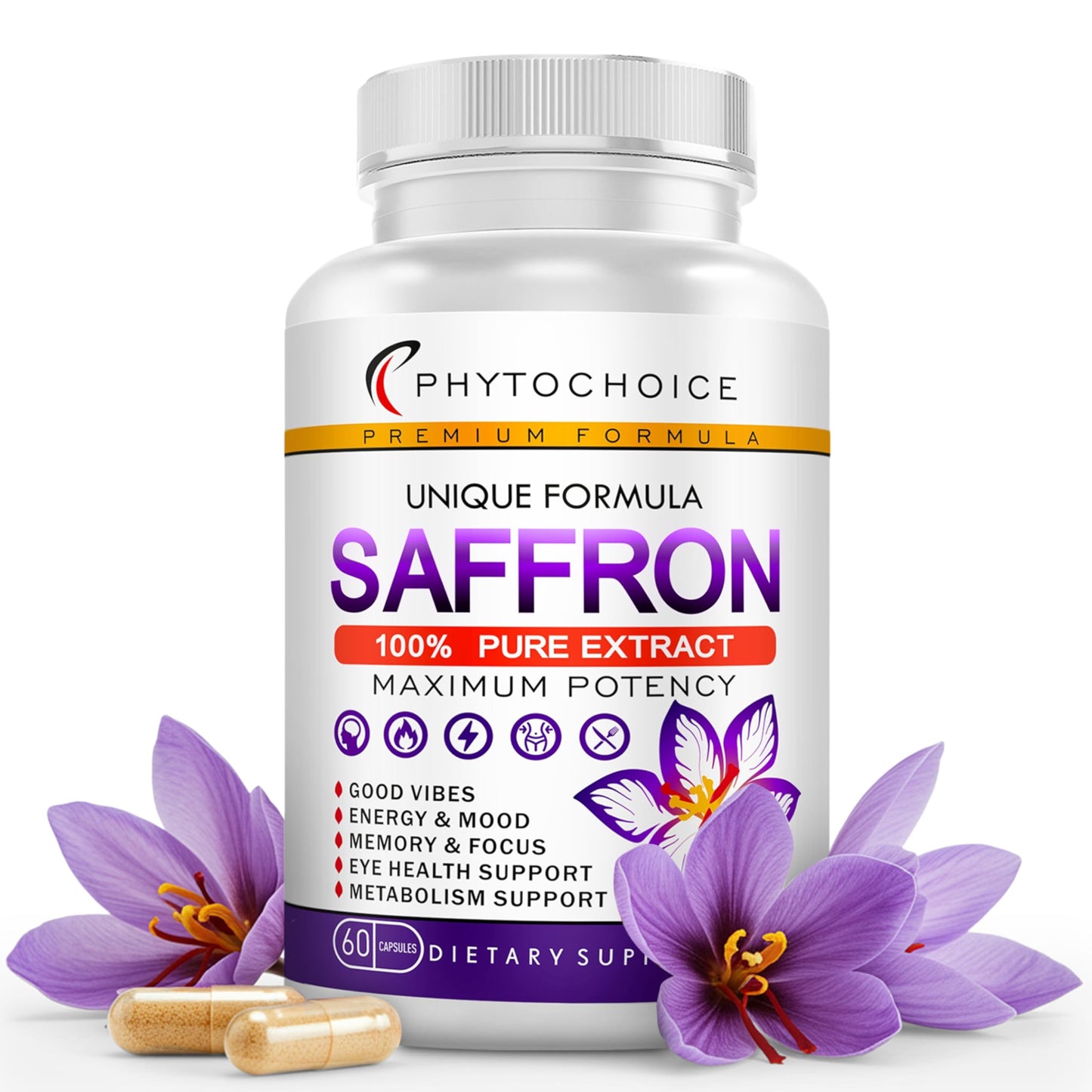 Pure Saffron Extract 88.5 mg - Mood, Focus & Vision Support | Made in USA | 60 Capsules