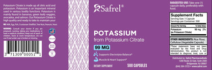 Safrel Potassium 99mg Citrate Capsules – 500 Servings | Non-GMO, Gluten Free, Vegan, Halal