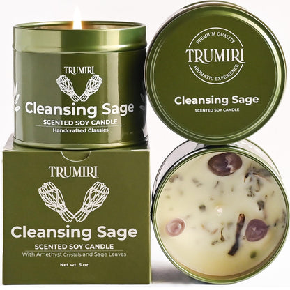 Sage Candle for Cleansing House with Crystals – 5oz Soy Wax, Non-Toxic Aromatherapy Gift