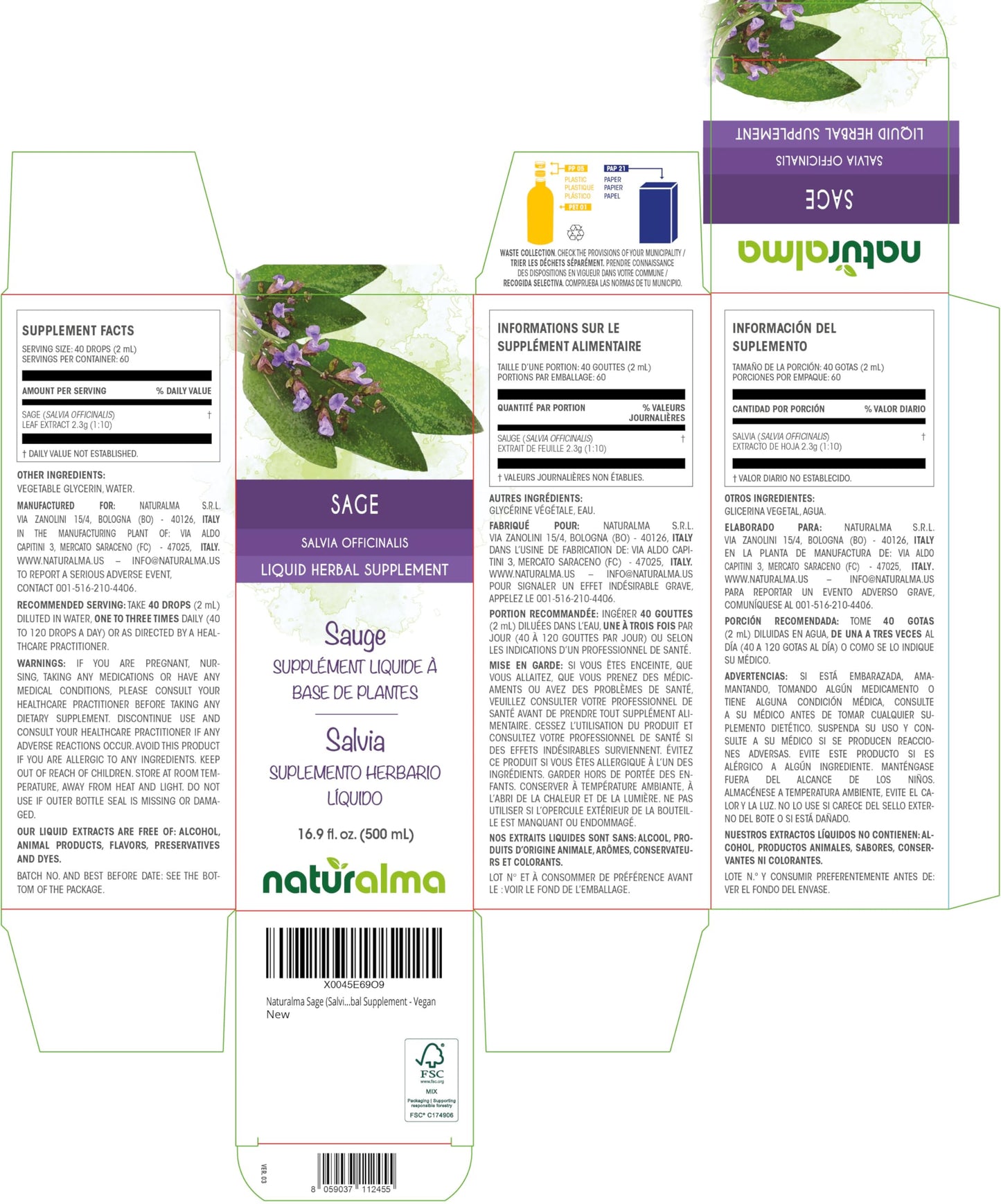 Naturalma Sage Leaf Alcohol-Free Tincture – 16.9 fl oz Drops (Vegan)