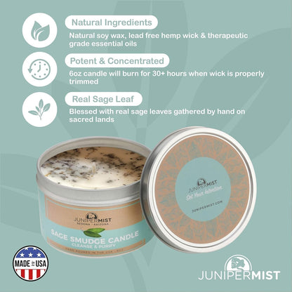Sage Smudge Candle with White Sage Leaf (6oz) – Manifest & Cleanse | Soy Wax – USA Made