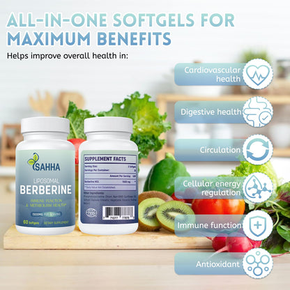 Sahha Liposomal Berberine HCL 1500mg – Supports AMPK & GLP-1 Activation, High Bioavailability – 3 Pack