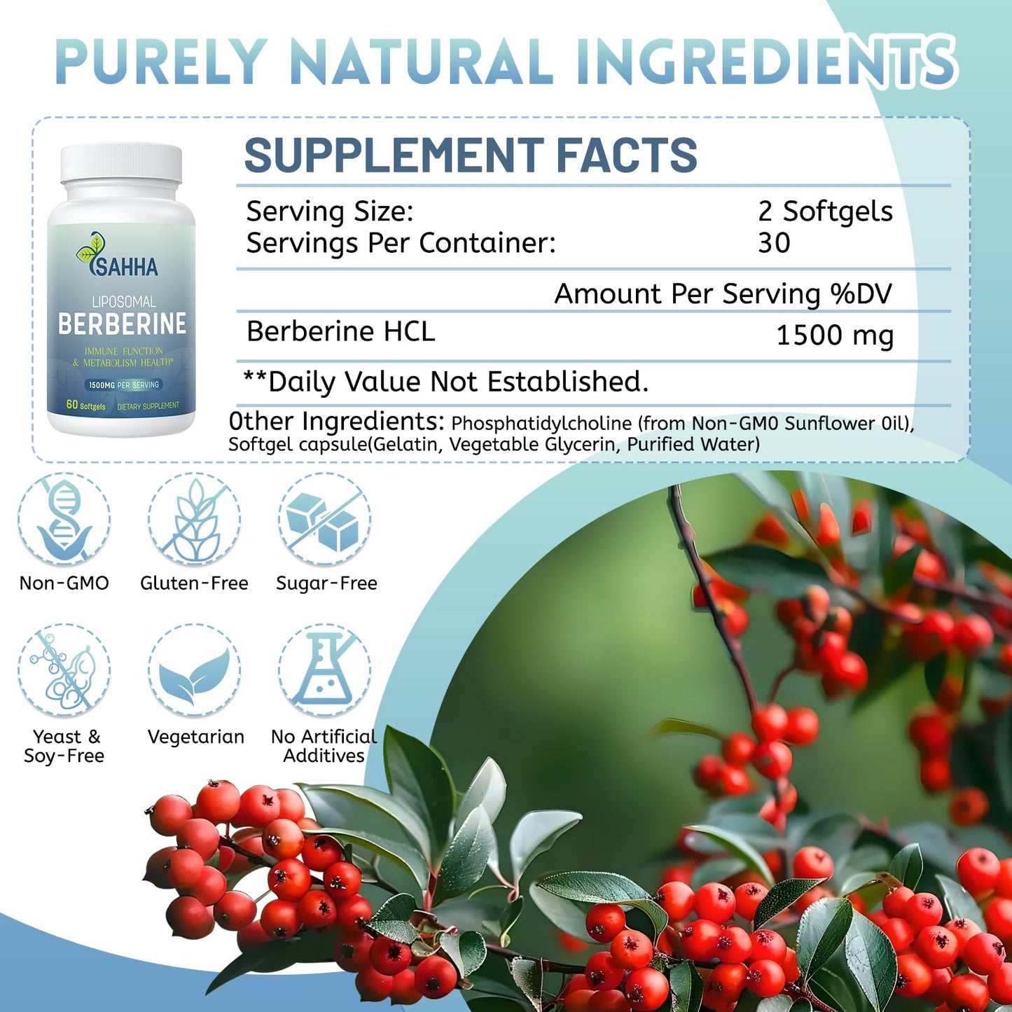 Sahha Liposomal Berberine HCL 1500mg – Supports AMPK & GLP-1 Activation, High Bioavailability – 3 Pack