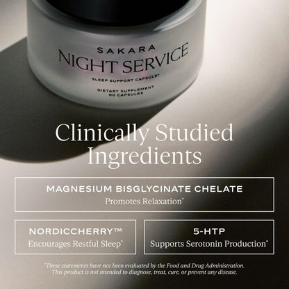SAKARA Night Service Sleep Support – Magnesium Glycinate, NordicCherry™, 5-HTP | 60 Capsules