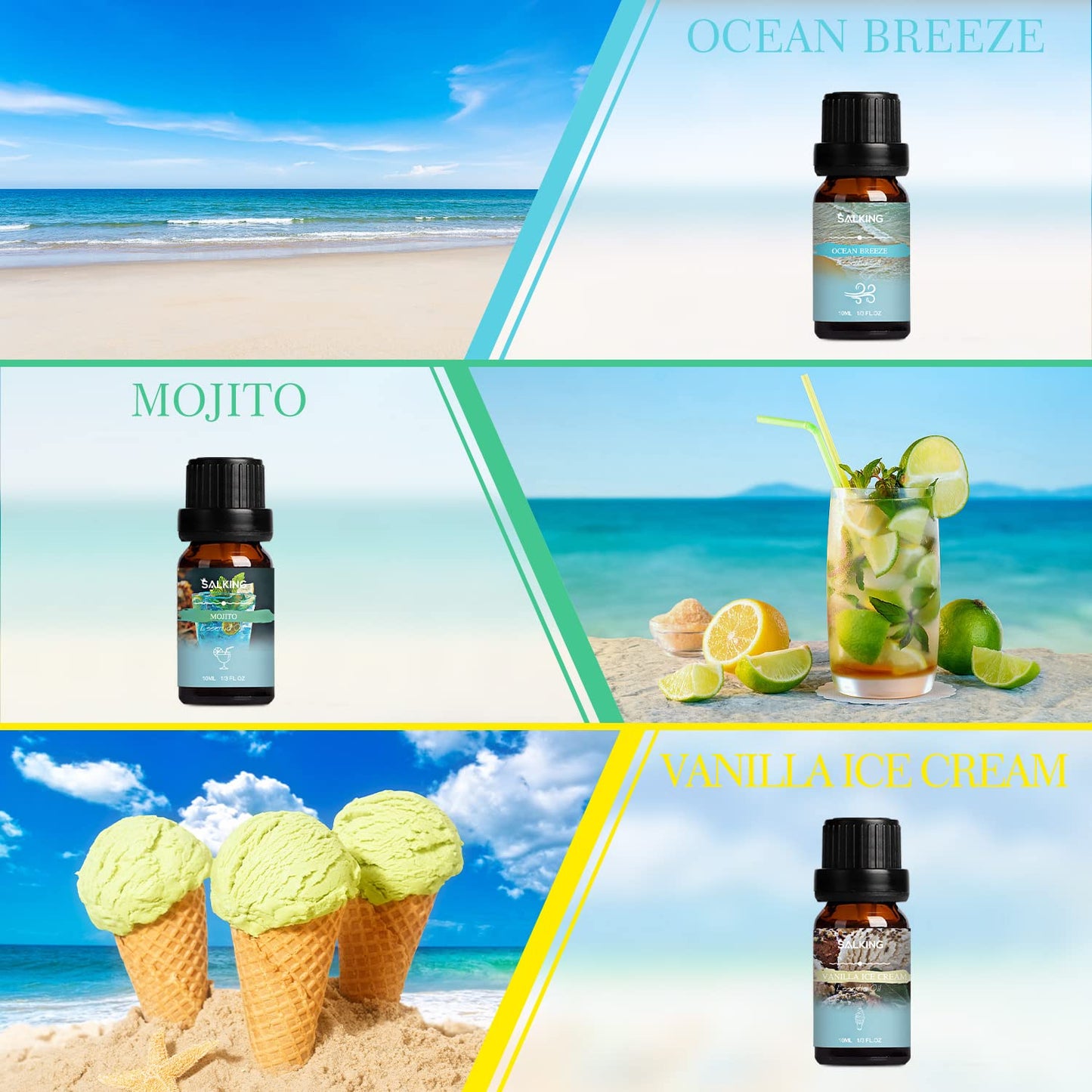 SALKING Summer Fragrance Oils Set – Premium Diffuser & DIY Scents (Ocean Breeze, Mojito, Coconut, Pineapple, Watermelon, Vanilla Ice Cream)