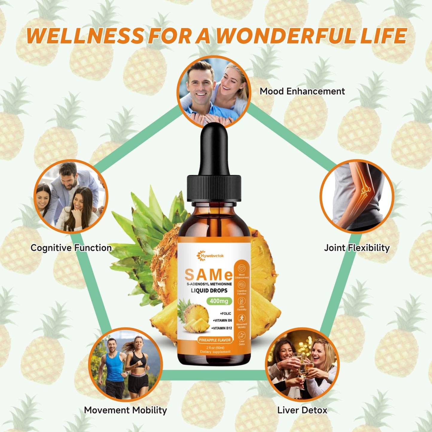 Liquid SAM-e Drops 2 Oz - 400mg SAM-e with B6, B12 & Folate | Pineapple Flavor | 98% Absorption | Joint & Liver Health | 0 Sugar