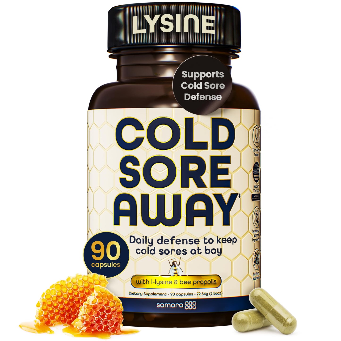 Samara 888 L Lysine Cold Sore Support – Herbal Immune Boost with Zinc & Olive Leaf, 90 Capsules