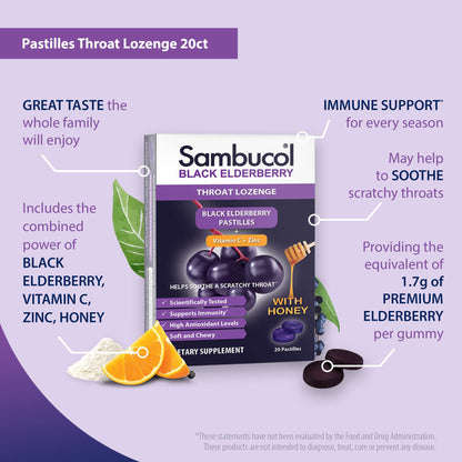 Sambucol Black Elderberry Throat Lozenges - Vitamin C, Zinc & Honey (Gluten-Free) 20 Count