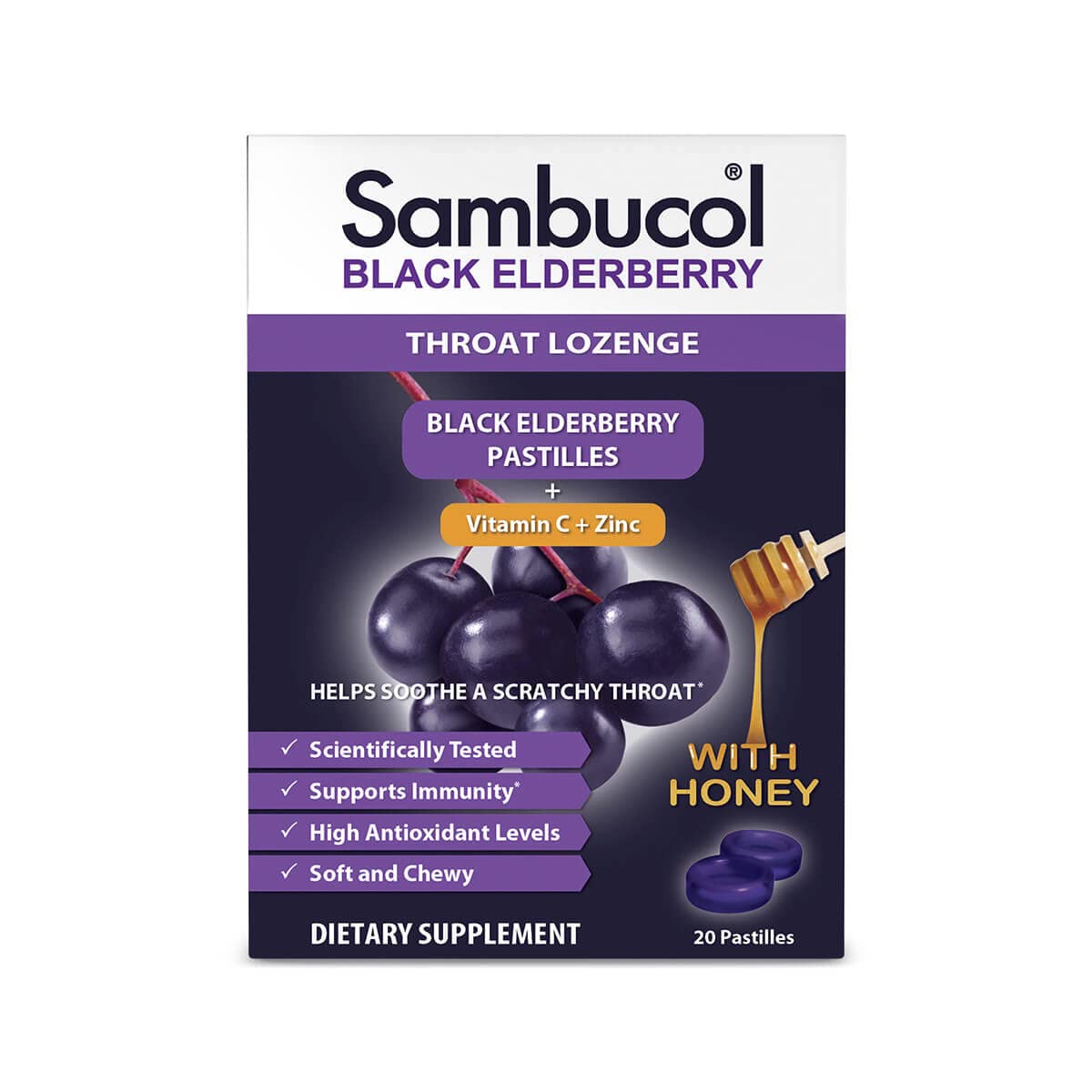 Sambucol Black Elderberry Throat Lozenges - Vitamin C, Zinc & Honey (Gluten-Free) 20 Count
