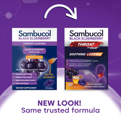 Sambucol Black Elderberry Throat Lozenges with Honey, Vitamin C & Zinc – 20 Count, 2-Pack