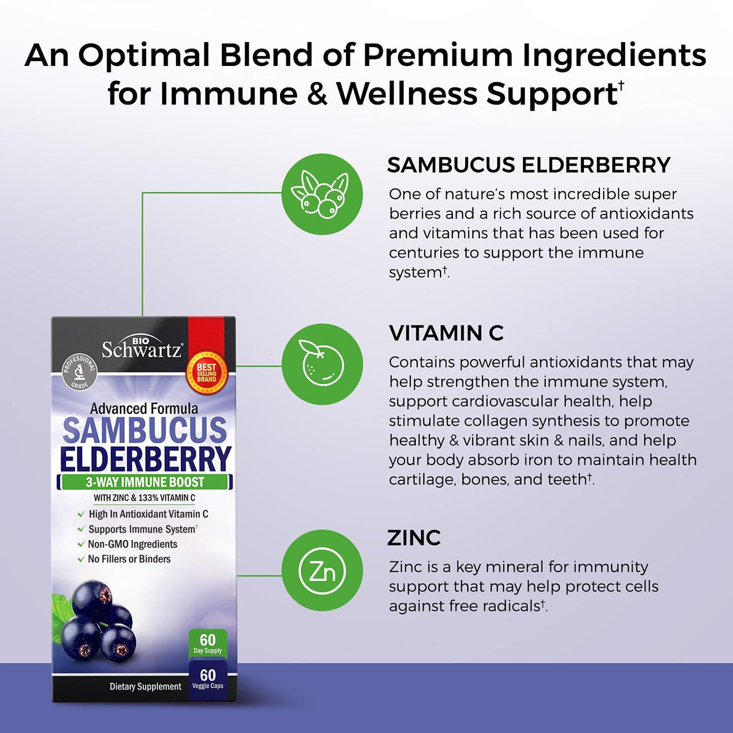 Elderberry Capsules with Zinc & Vitamin C – Immune Support for Adults (60 Count)