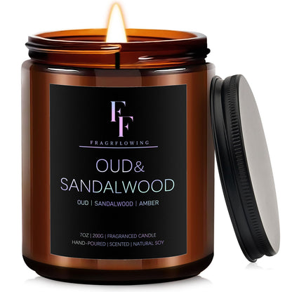 Sandalwood Oud Scented Candle - 7oz Soy Wax, Aromatherapy Gift