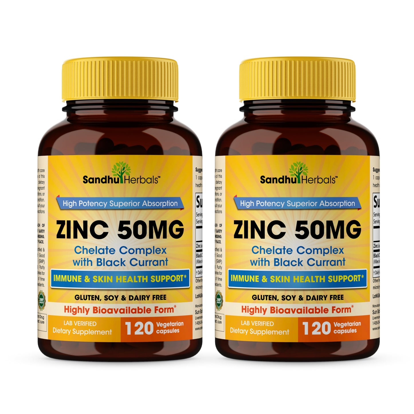 SANDHUHERBALS Zinc Supplements with Black Currant for Men and Women | Zinc 50mg 120 Vegetarian Capsules (Pack of 2) | Highly Absorbable for Immune Support | Zink 50 mg Supplement Supports Skin Health