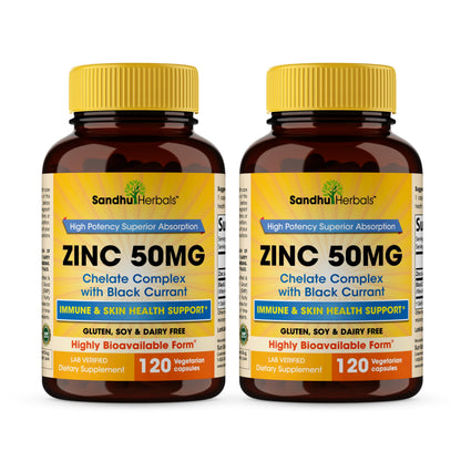SANDHUHERBALS Zinc Supplements with Black Currant for Men and Women | Zinc 50mg 120 Vegetarian Capsules (Pack of 2) | Highly Absorbable for Immune Support | Zink 50 mg Supplement Supports Skin Health