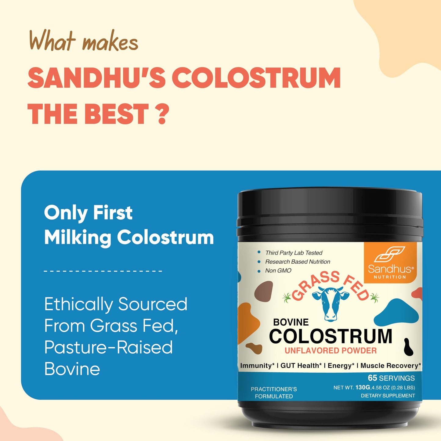 Sandhu's Grass-Fed Bovine Colostrum Powder – 65 Servings, Unflavored