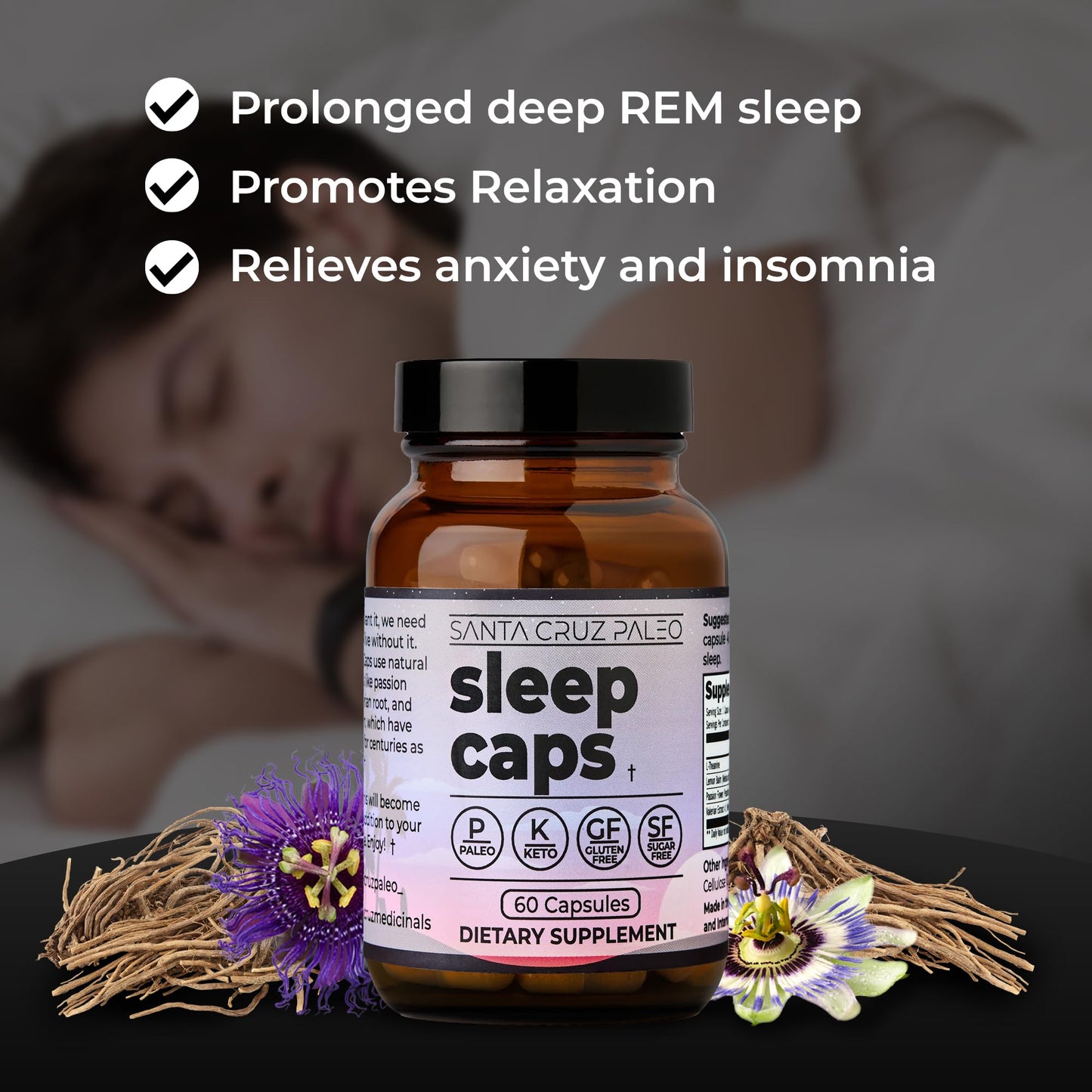 Santa Cruz Paleo Sleep Caps – Melatonin-Free Nighttime Relaxation with L-Theanine, Lemon Balm, Passion Flower & Valerian