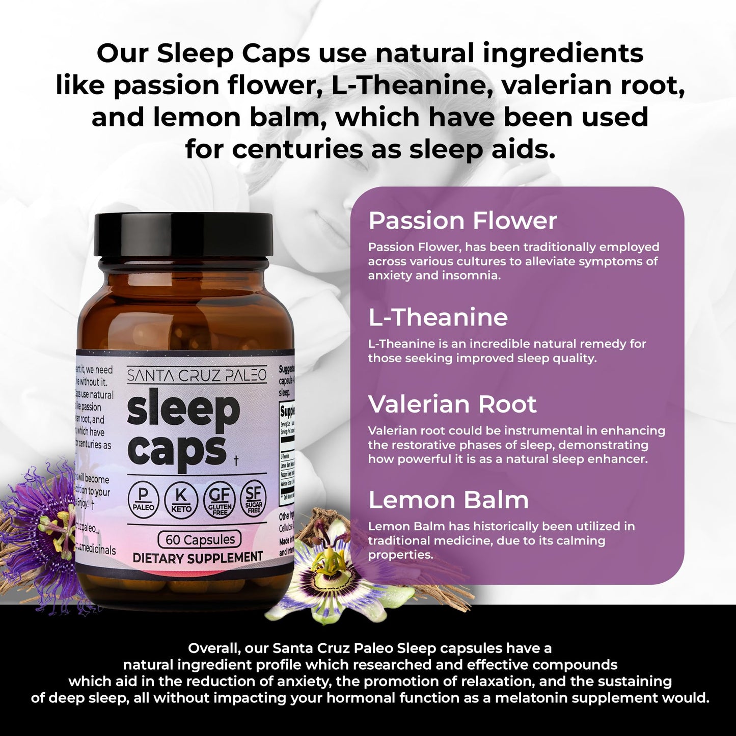 Santa Cruz Paleo Sleep Caps – Melatonin-Free Nighttime Relaxation with L-Theanine, Lemon Balm, Passion Flower & Valerian