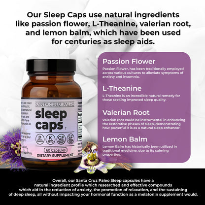 Santa Cruz Paleo Sleep Caps – Melatonin-Free Nighttime Relaxation with L-Theanine, Lemon Balm, Passion Flower & Valerian