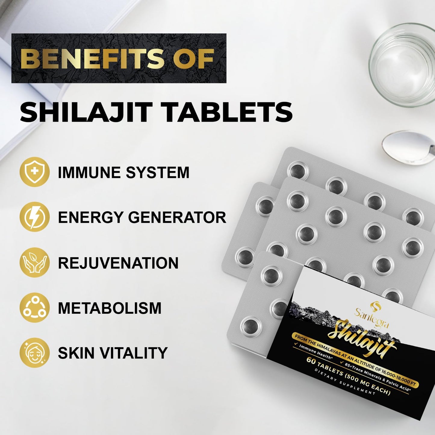 Santegra 30,000 mg Shilajit Tablets – 100% Pure Himalayan Shilajit Resin, Fulvic Acid & 85+ Minerals, 480 Count