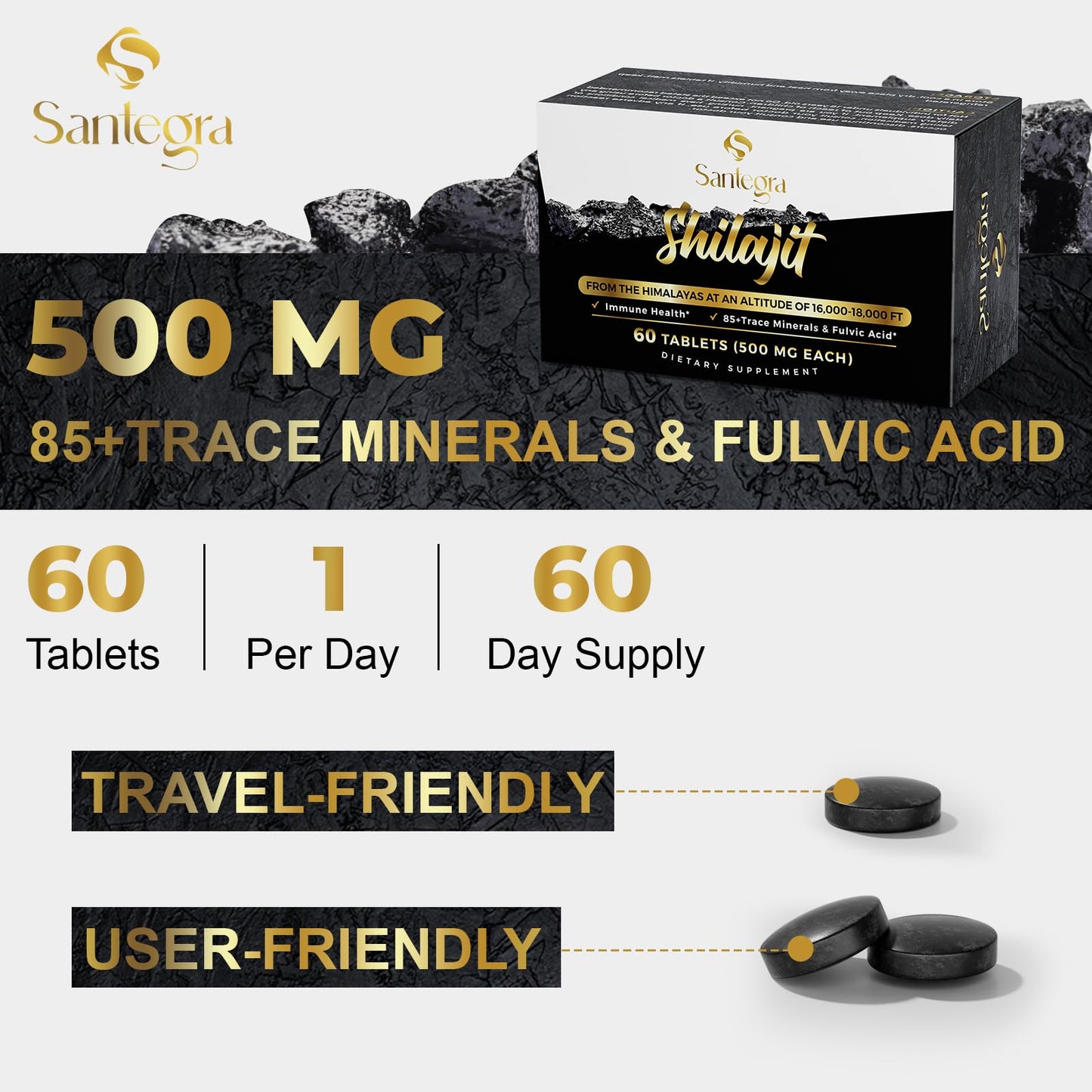 Santegra 30,000 mg Shilajit Tablets – 100% Pure Himalayan Shilajit Resin, Fulvic Acid & 85+ Minerals, 480 Count