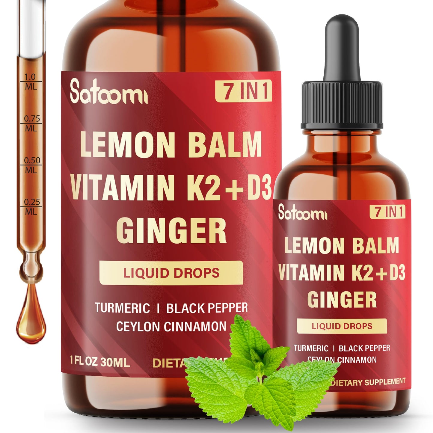 Satoomi 7in1 Lemon Balm Tincture with D3, K2, Ginger, Turmeric, Cinnamon & Black Pepper – 1 fl oz, 60 Day Supply