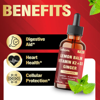 Satoomi 7in1 Lemon Balm Tincture with D3, K2, Ginger, Turmeric, Cinnamon & Black Pepper – 1 fl oz, 60 Day Supply