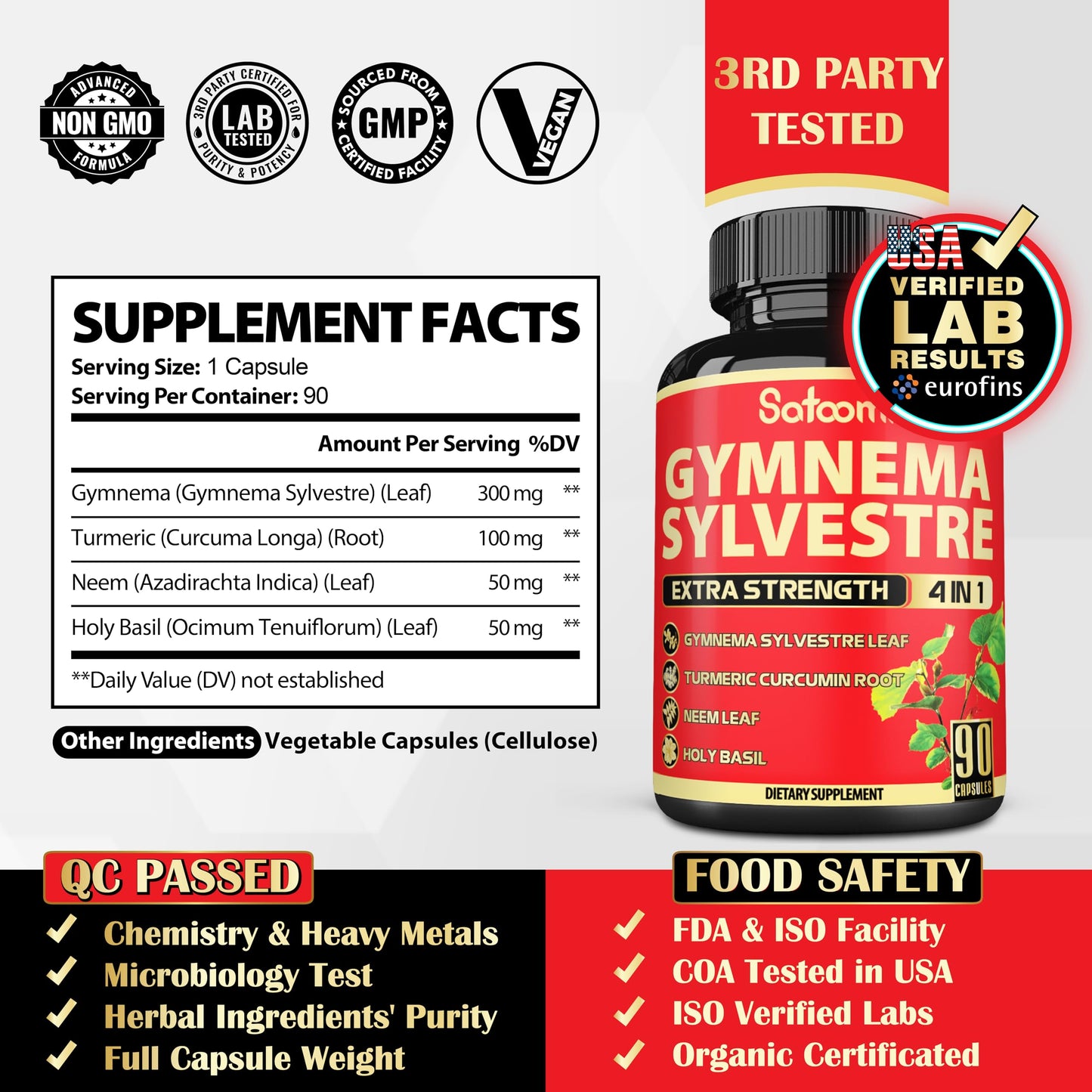 Satoomi Pure Gymnema Sylvestre Capsules – 90 Count, 3-Month Supply with Neem, Holy Basil & Turmeric