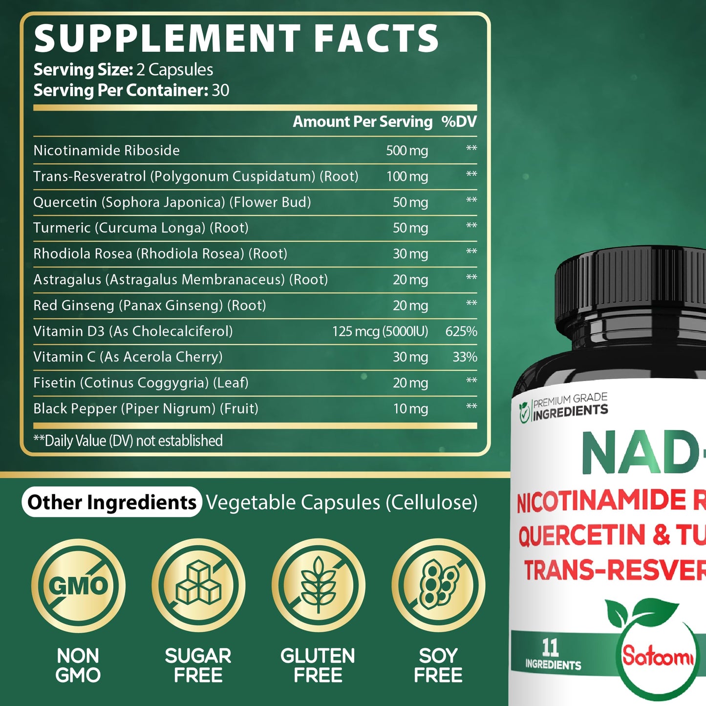 Satoomi NAD Supplement for Women – NR Nicotinamide Riboside 900mg + Resveratrol, 60 Count
