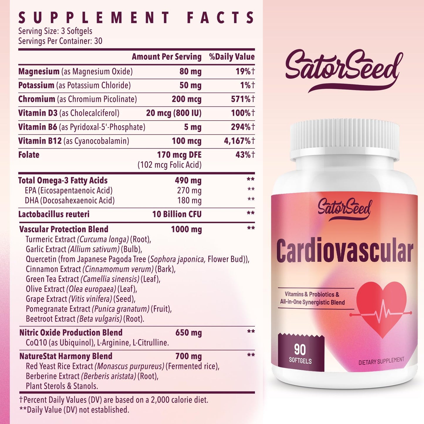 SatorSeed Cardiovascular Supplement 3000MG – Multivitamins, Probiotics, Omega-3 & CoQ10 Blend (2 Bottle)