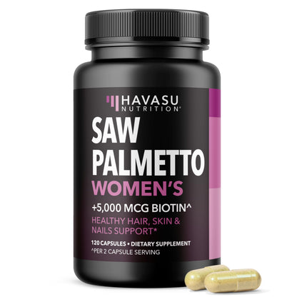 HAVASU Nutrition Saw Palmetto with Biotin 5000mcg - Vegan, Non-GMO DHT Support for Hair, Skin & Nails - 120 Count