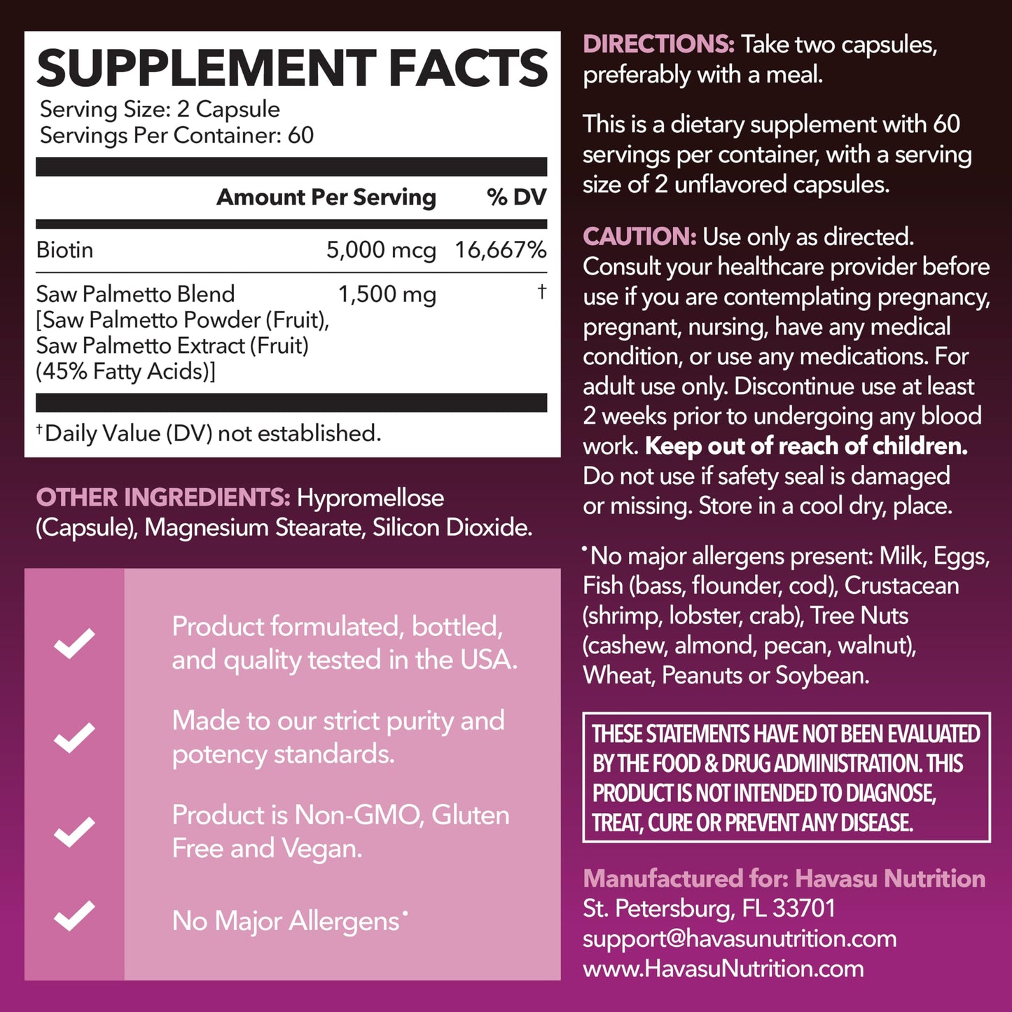 HAVASU Nutrition Saw Palmetto with Biotin 5000mcg - Vegan, Non-GMO DHT Support for Hair, Skin & Nails - 120 Count