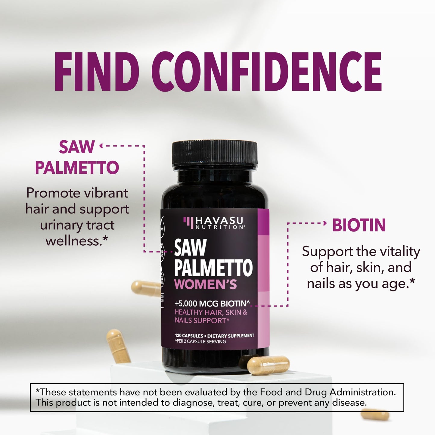 HAVASU Nutrition Saw Palmetto with Biotin 5000mcg - Vegan, Non-GMO DHT Support for Hair, Skin & Nails - 120 Count