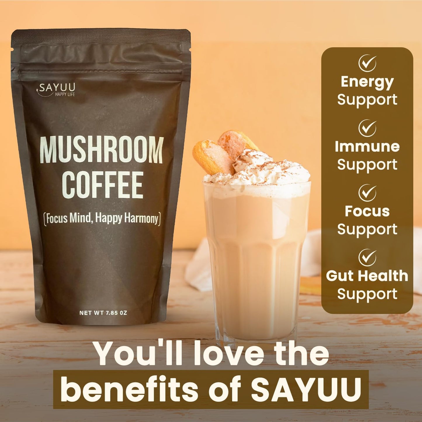 SAYUU Mushroom Coffee Blend – Focus, Energy & Harmony | Vegan Functional Mushrooms (Cordyceps, Lion’s Mane & Reishi) – 30 Servings