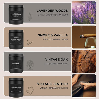 Scented Candle Set for Men — 4-Pack Gift Box (Vanilla, Smoke, Leather, Oak, Lavender Wood)