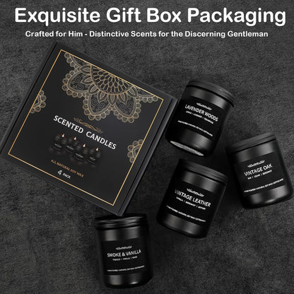 Scented Candle Set for Men — 4-Pack Gift Box (Vanilla, Smoke, Leather, Oak, Lavender Wood)