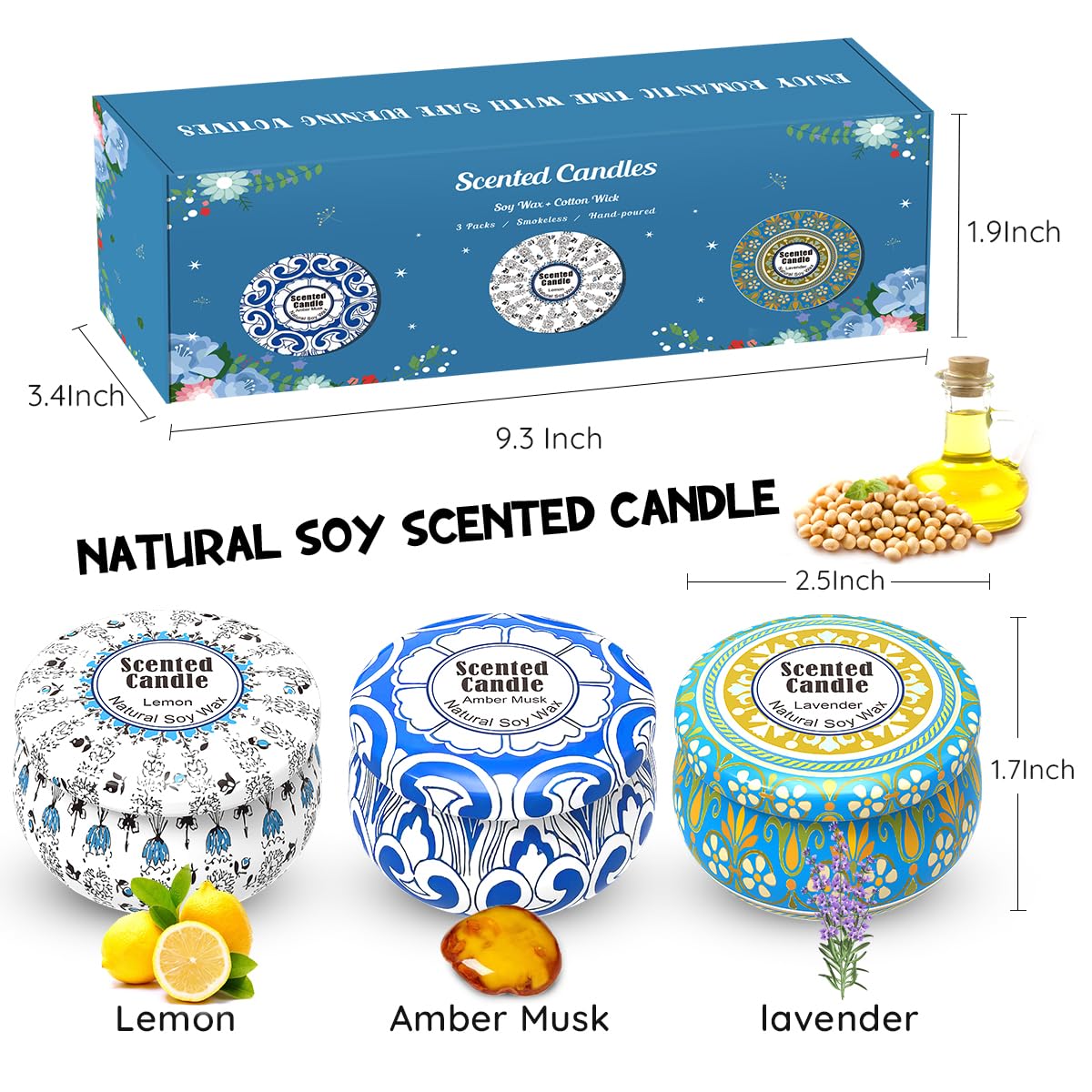 3-Pack Scented Candles Gift Set – 2.5oz Soy Travel Tin Candles (Amber Musk, Lemon, Lavender)