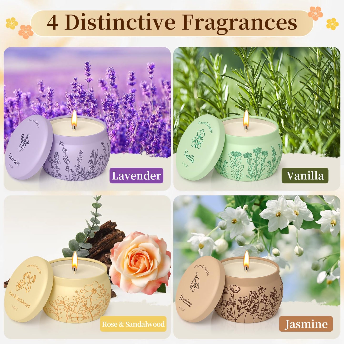 Scented Candles for Mom – 4 Pack Soy Candles (Lavender, Vanilla, Rose & Sandalwood, Jasmine) 17.6oz