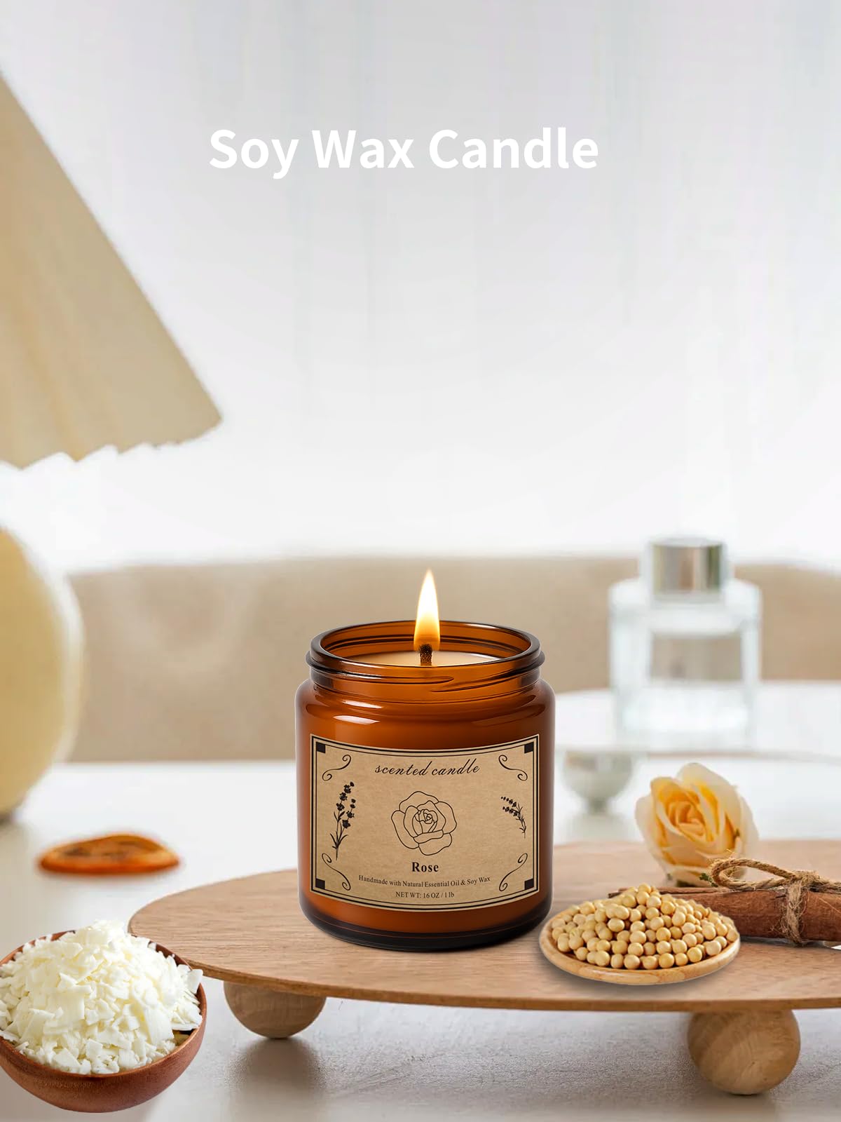 Scented Candles Gift – 16oz Rose Soy Wax Candle, 100 Hour Burn