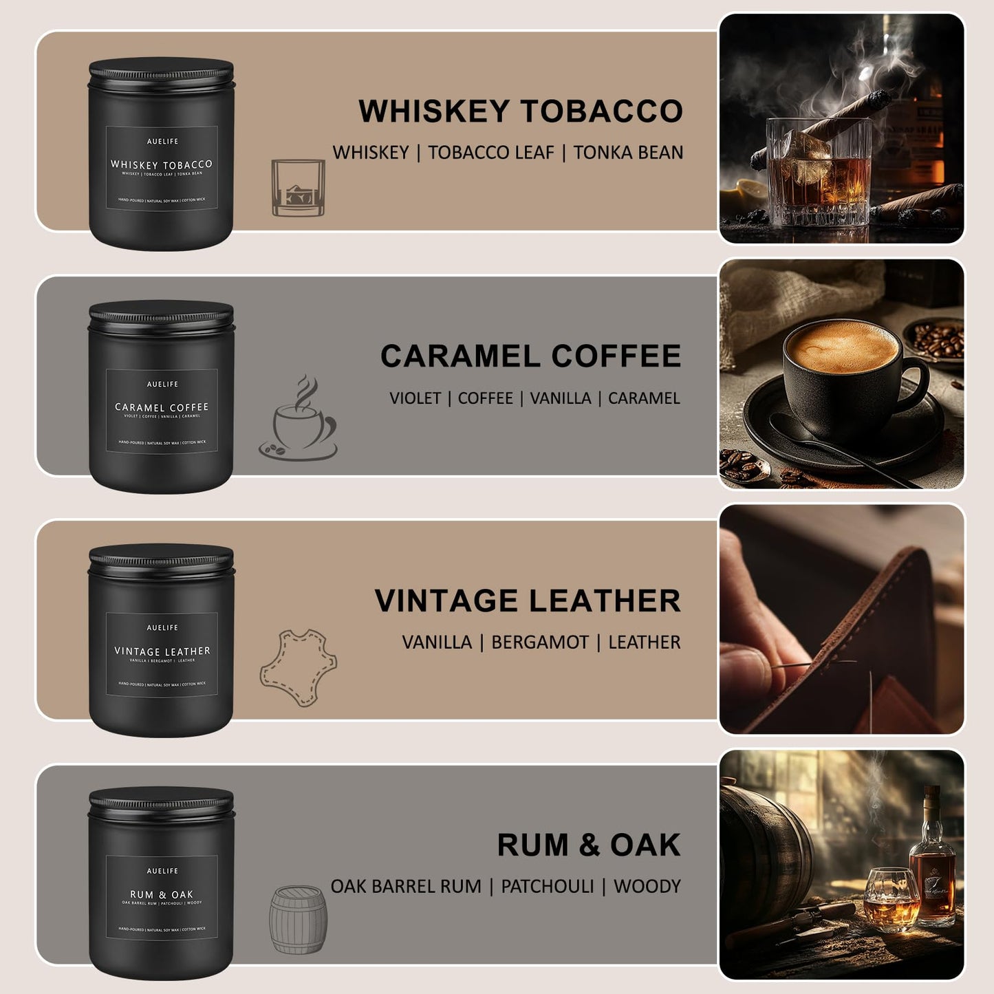 Scented Candles Set – 4-Pack for Men | Caramel Coffee, Whiskey Tobacco, Rum & Oak, Vintage Leather