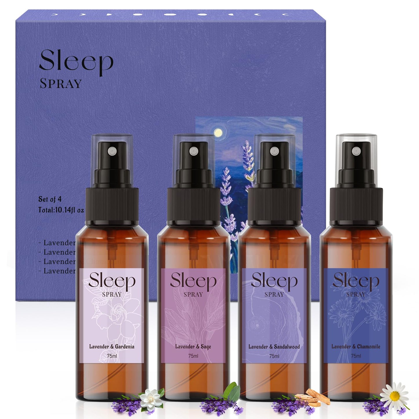 SCENTORINI Sleep Spray 4-Pack – Calming Lavender Essential Oil Aromatherapy Mist (75ml each) for Bedding & Room