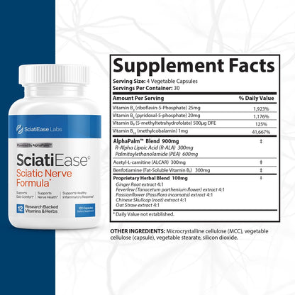 SciatiEase Sciatic Nerve Health Support Supplement | AlphaPalm, Pea, B-Complex, 300mg Alpha Lipoic Acid | 6 Bottles