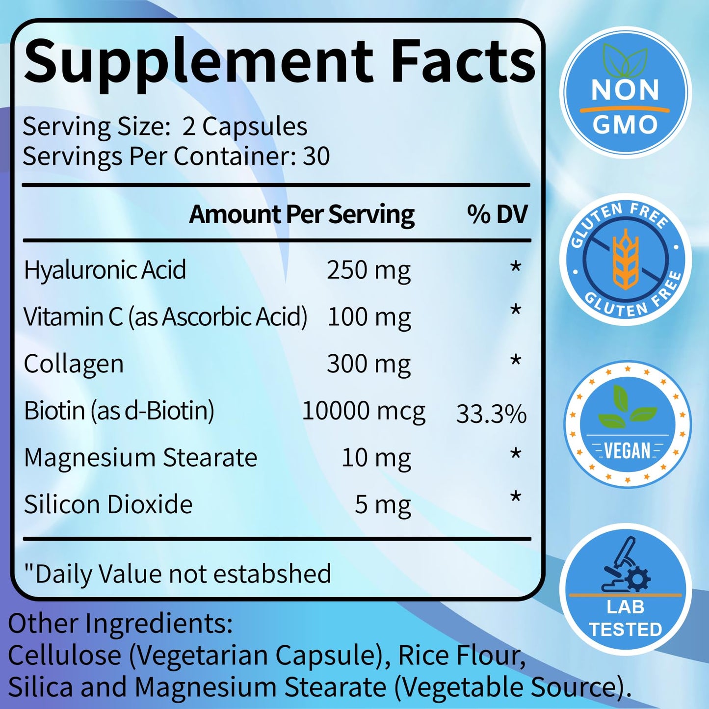 SCOLA Hyaluronic Acid Capsules - 250mg HA + 10,000mcg Biotin, 60 Vegan Capsules | Deep Hydration, Hair & Nail Support | Non-GMO Formula