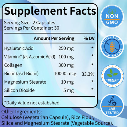 SCOLA Hyaluronic Acid Capsules - 250mg HA + 10,000mcg Biotin, 60 Vegan Capsules | Deep Hydration, Hair & Nail Support | Non-GMO Formula